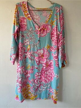 Lilly Pulitzer  Pima cotton Aqua Floral V-Neck Swim Coverup with Pink Accents